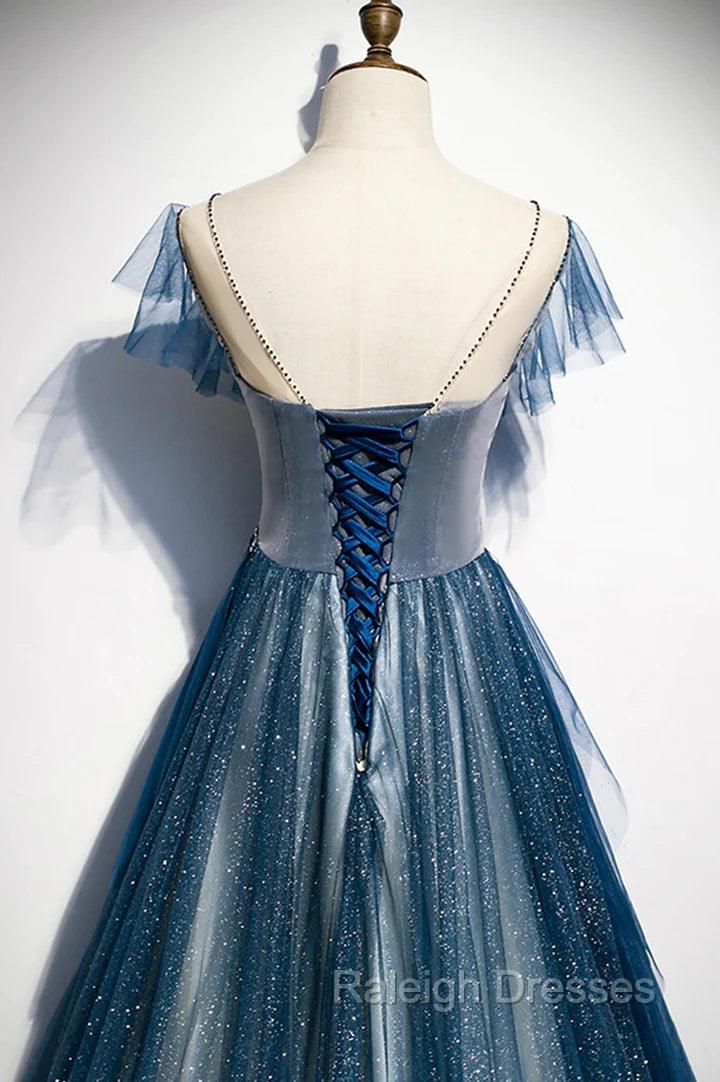 A Line Blue Tulle Long Beaded Prom Dress, A Line Formal Prom Dress