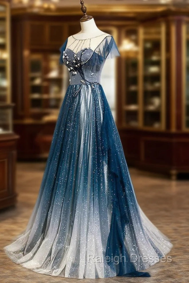 A-line Blue Tulle Long Beaded Prom Dress, A-Line Formal Evening Dress