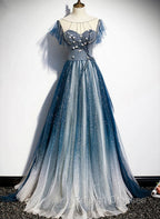 A Line Blue Tulle Long Beaded Prom Dress, A Line Formal Prom Dress