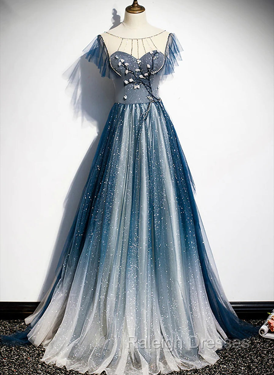 A Line Blue Tulle Long Beaded Prom Dress, A Line Formal Prom Dress