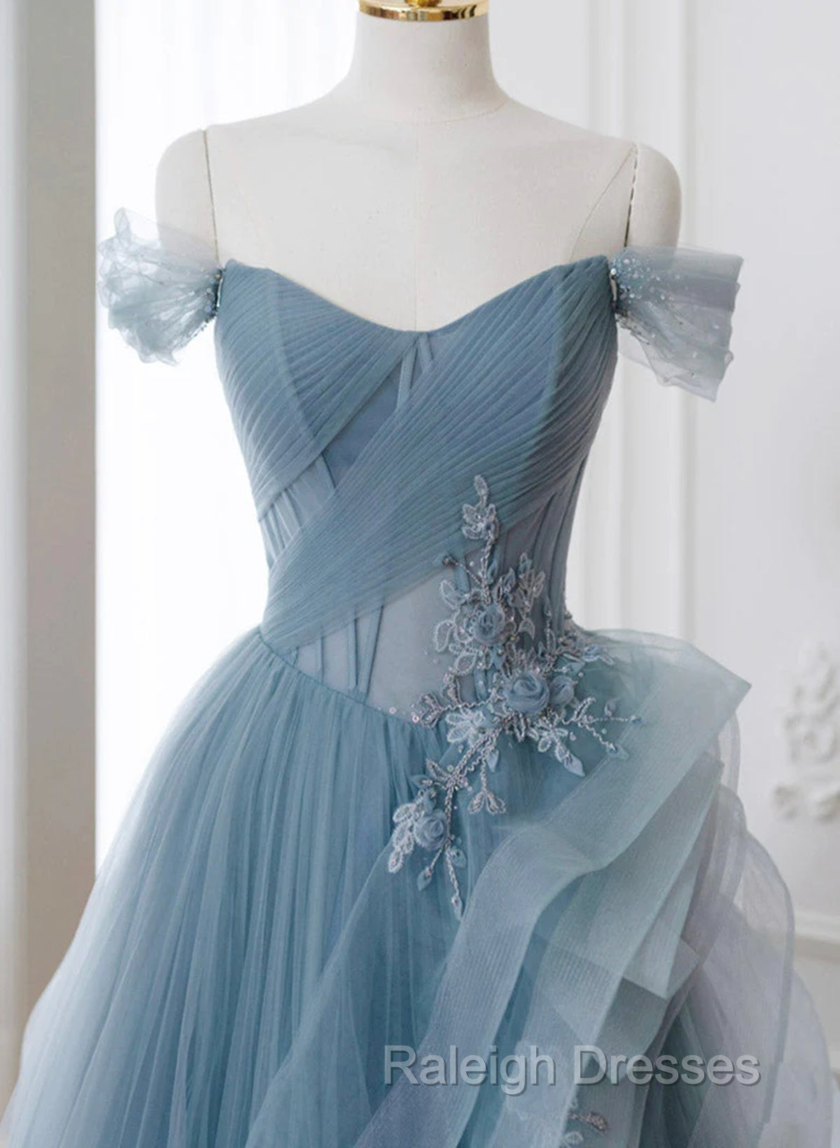 A Line Blue Tulle Long Prom Dresses With Lace Off Shoulder Tulle Prom Dresses Secondary image