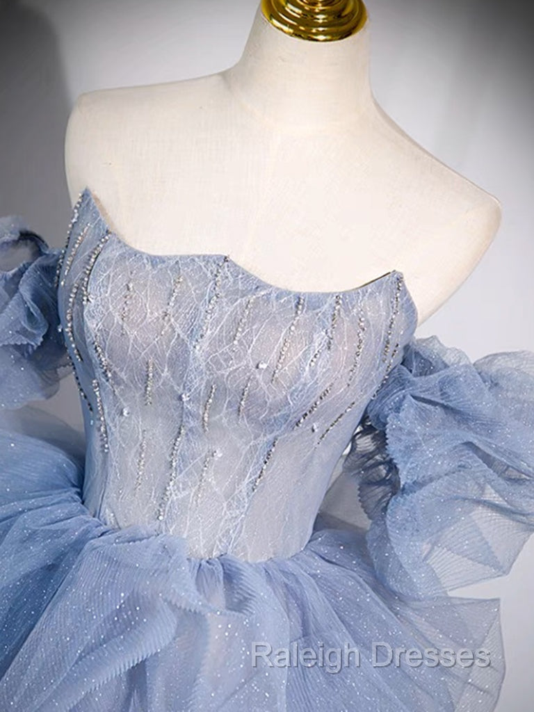 A Line Blue Tulle Long Prom Dress, Blue Long Prom Dress