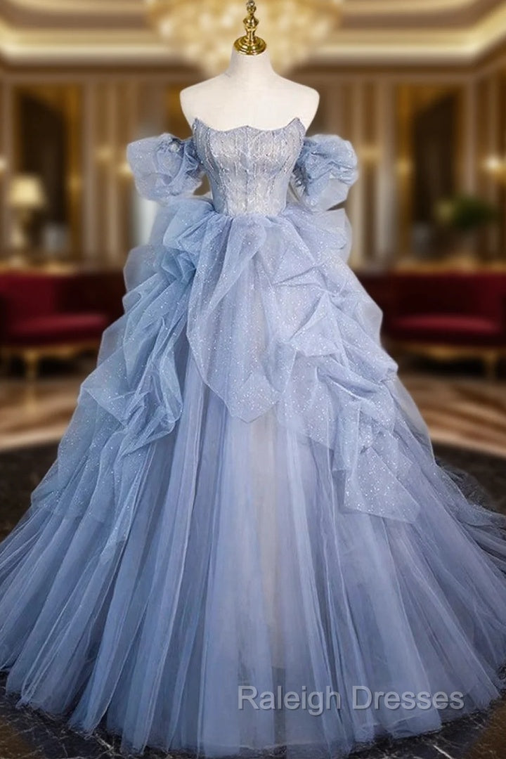 A-line Blue Tulle Long Prom Dress, Blue Long Evening Dress Main image