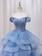 A-Line Blue Tulle Long Prom Dress, Blue Sweet 16 Dress