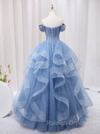 A-Line Blue Tulle Long Prom Dress, Blue Sweet 16 Dress