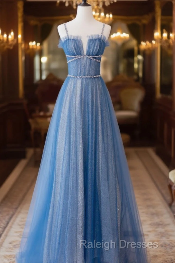 A-Line Blue Tulle Long Prom Dress, Blue Tulle Formal Dresses Main image