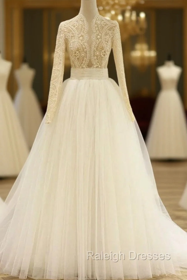 A Line Blue Tulle Long Sleeve Deep V Neck Wedding Dress