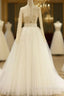 A Line Blue Tulle Long Sleeve Deep V Neck Wedding Dress
