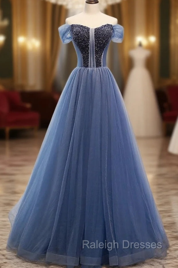 A-Line Blue Tulle Off the Shoulder Beading Prom Dress