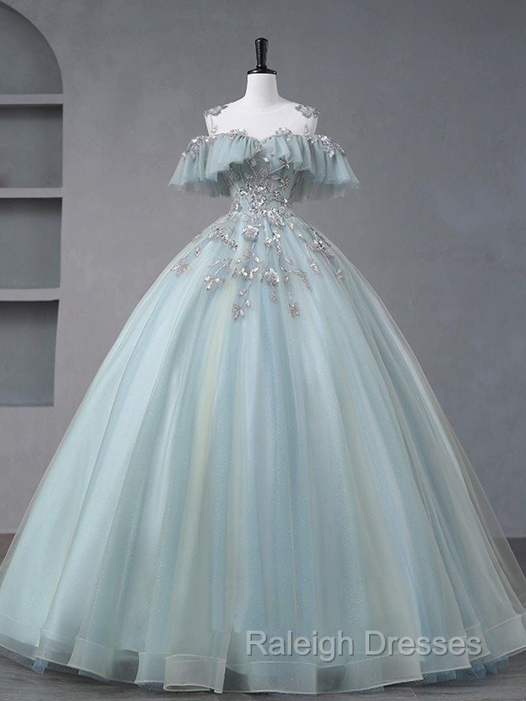 A Line Blue Tulle sequin Lace Long Prom Dresses Blue Lace Sweet 16 Dresses