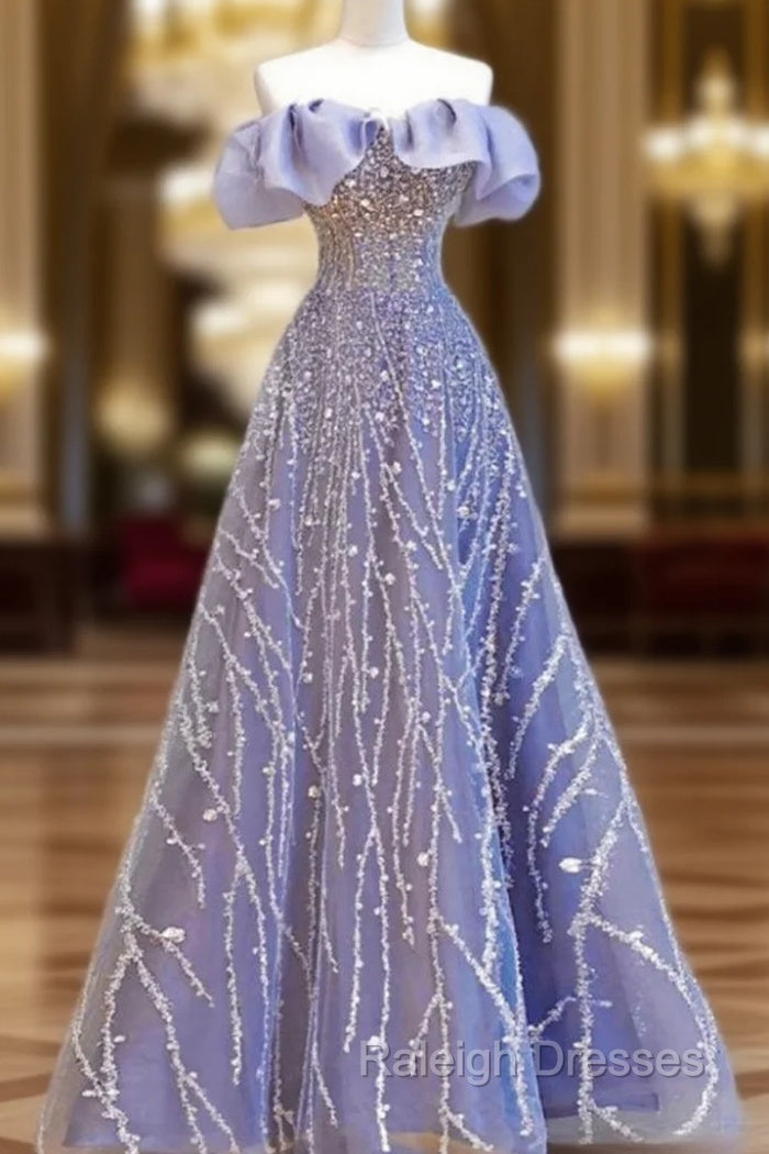 A-Line Blue Tulle Sequins Off the Shoulder Prom Dress