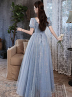 A-Line Blue Tulle Shiny Long Prom Dress, Blue Formal Evening Dresses