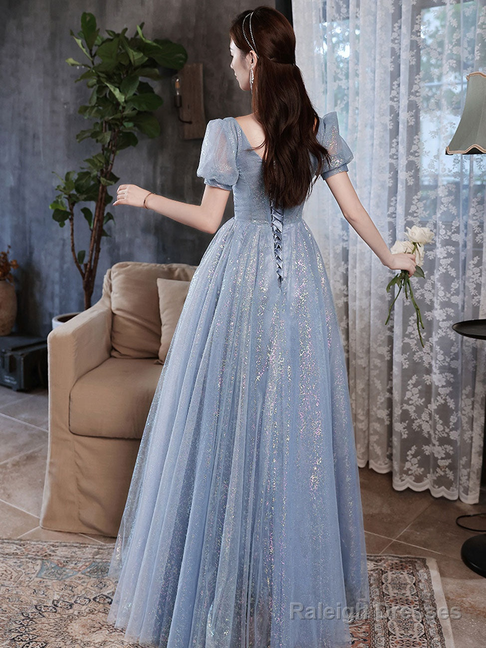 A-Line Blue Tulle Shiny Long Prom Dress, Blue Formal Evening Dresses