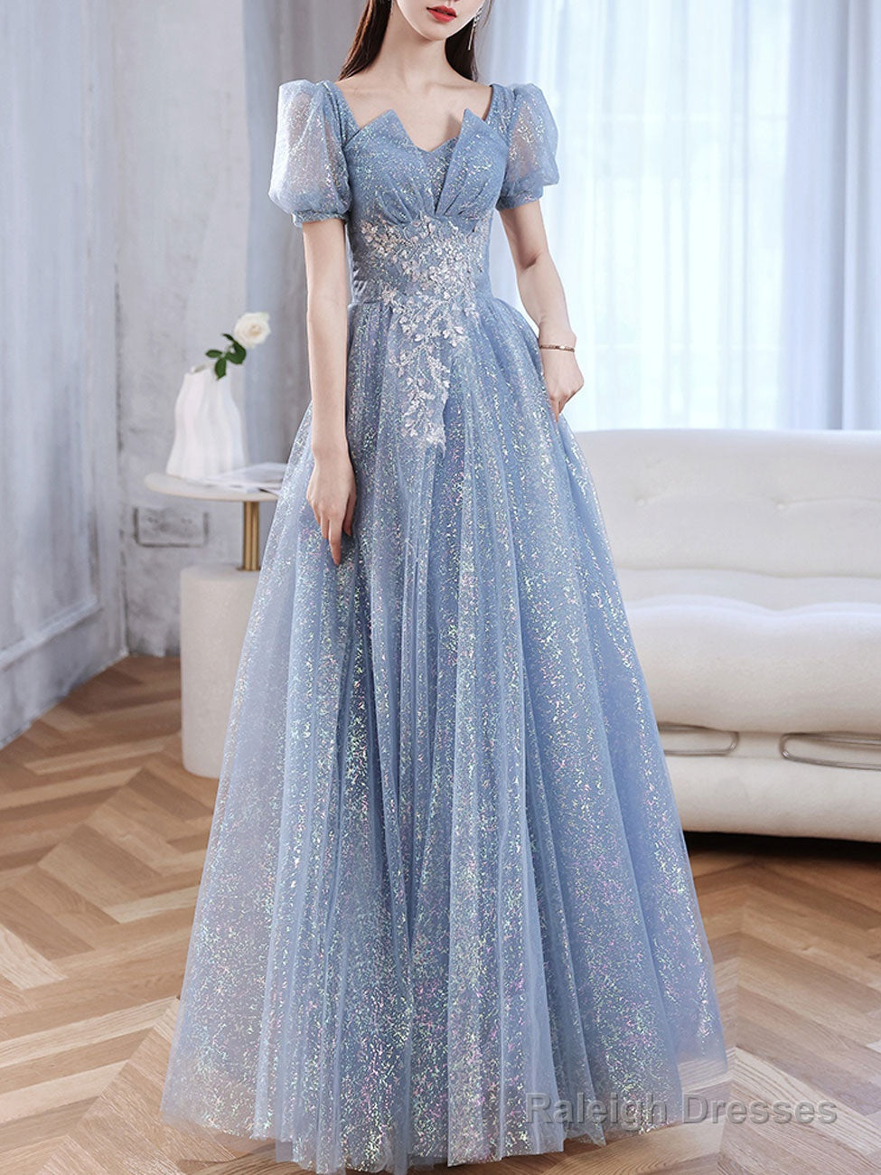 A-Line Blue Tulle Shiny Long Prom Dress, Blue Formal Evening Dresses Main image