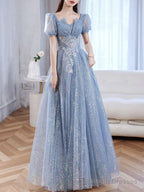A-Line Blue Tulle Shiny Long Prom Dress, Blue Formal Evening Dresses