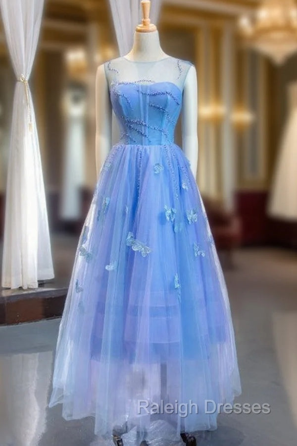 A-Line Blue Tulle Sleeveless Butterfly Backless Beading Prom Dress