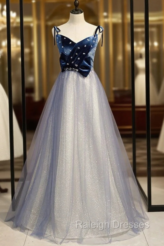 A-Line Blue Tulle Spaghetti Straps Beading Prom Dress 2020