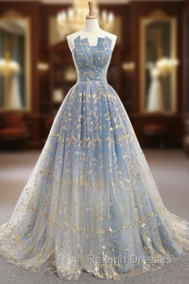 A Line Blue Tulle Strapless Neck Floor Length Wedding Dress Main image