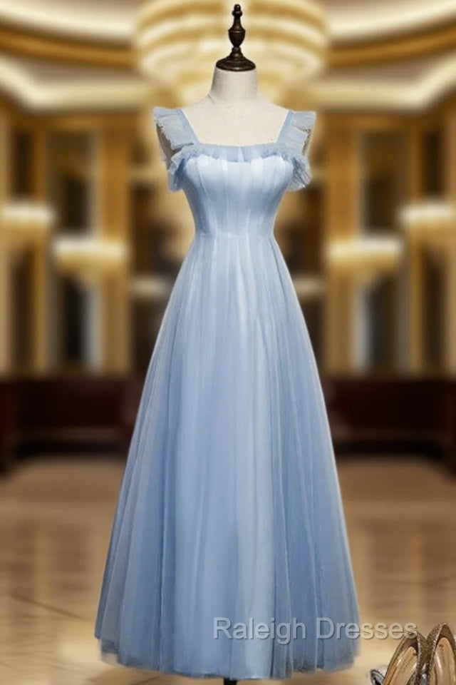 A Line Blue Tulle Straps Ankle Length Prom Dresses