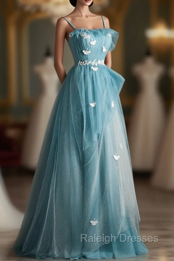 A-line Blue Tulle Straps Long Formal Dress, Blue Long Evening Dress Prom Dress