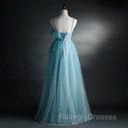 A-line Blue Tulle Straps Long Formal Dress, Blue Long Evening Dress Prom Dress