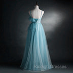 A Line Blue Tulle Straps Long Formal Dress, Blue Long Prom Dress