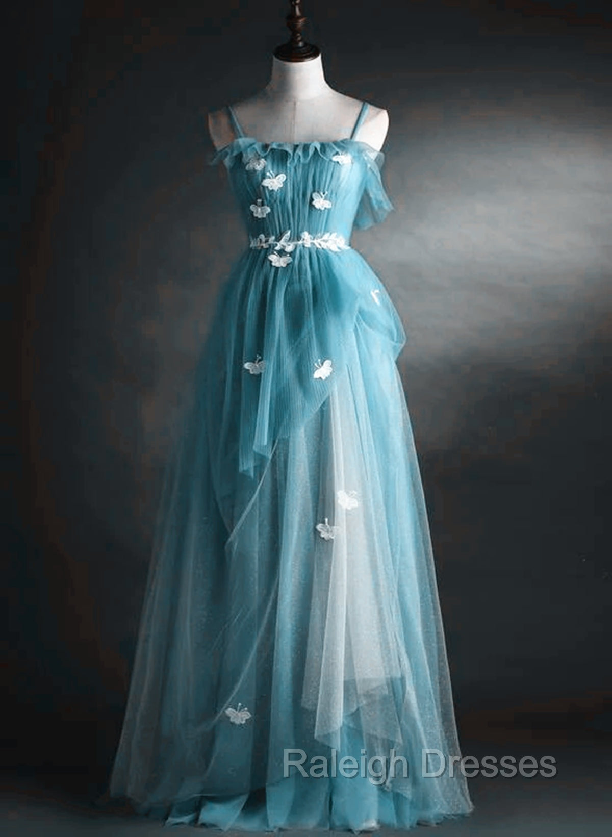 A-line Blue Tulle Straps Long Formal Dress, Blue Long Evening Dress Prom Dress Main image