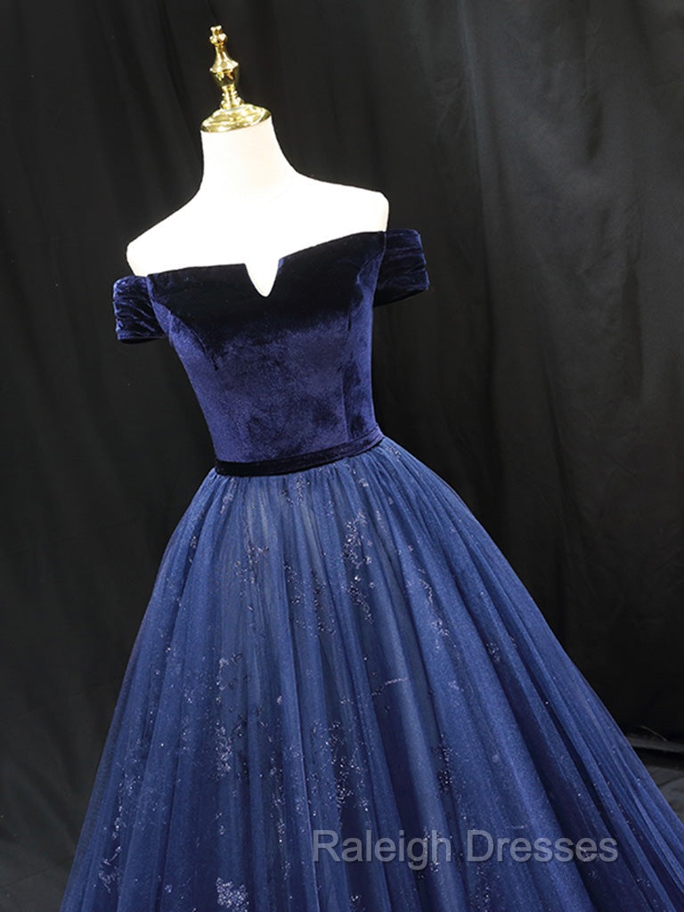 A-Line Blue Tulle Velvet Long Prom Dress, Blue Formal Evening Dress Secondary image