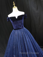 A-Line Blue Tulle Velvet Long Prom Dress, Blue Formal Evening Dress