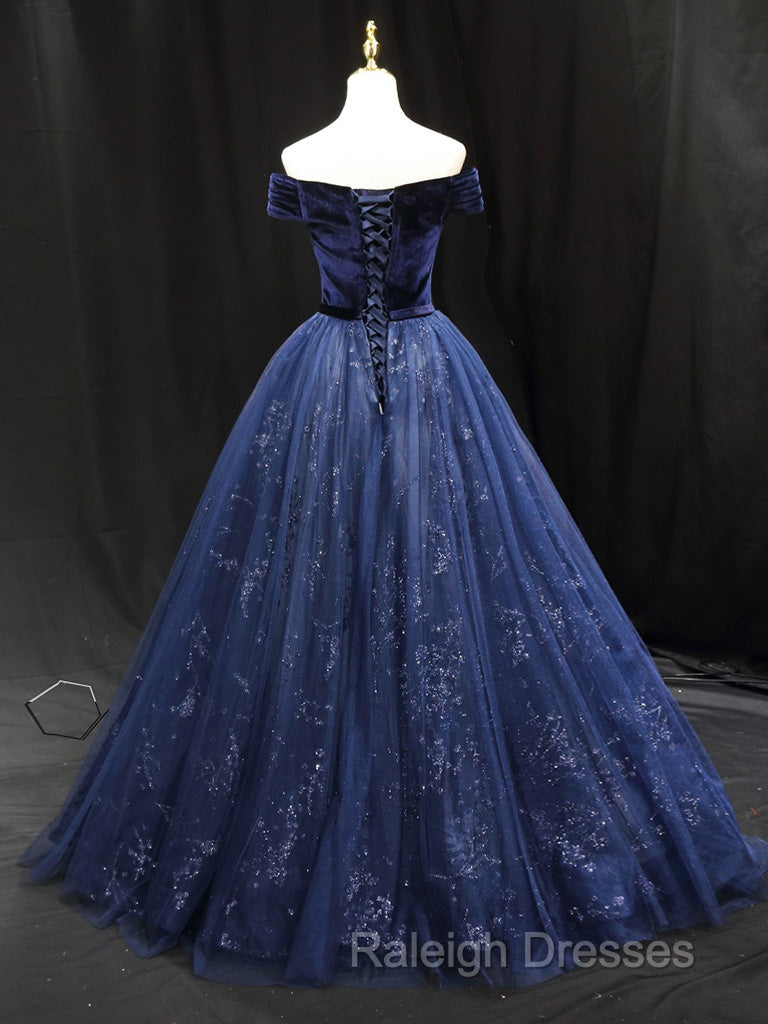 A-Line Blue Tulle Velvet Long Prom Dress, Blue Formal Evening Dress