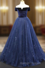 A-Line Blue Tulle Velvet Long Prom Dress, Blue Formal Evening Dress