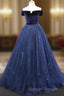 A-Line Blue Tulle Velvet Long Prom Dress, Blue Formal Evening Dress