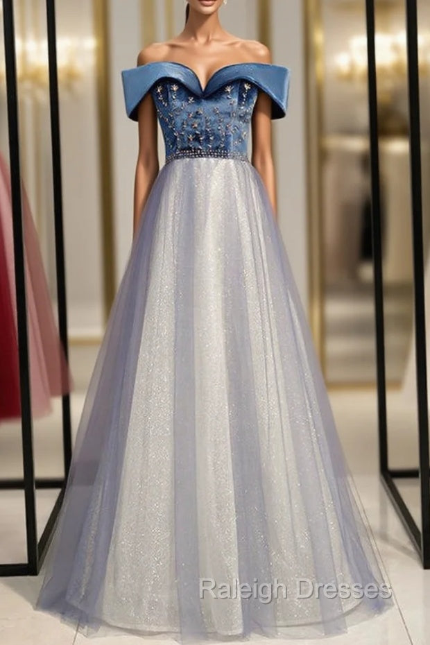 A Line Blue Tulle Velvet Off the Shoulder Beading Prom Dress Main image