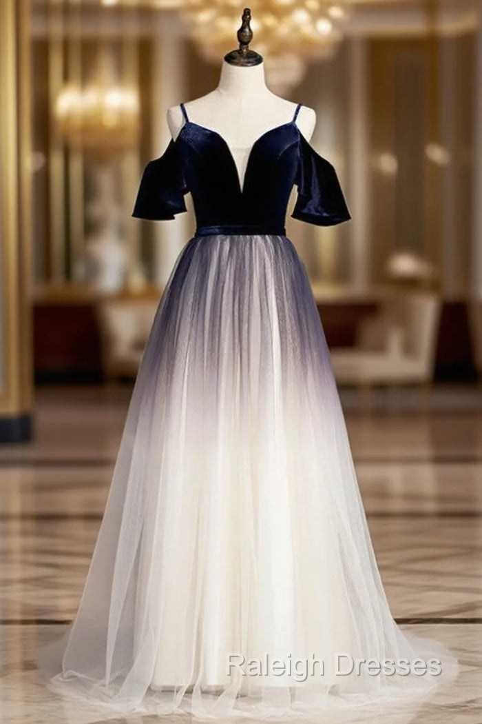 A Line Blue Velvet Tulle Spagehtti Straps Long Prom Dresses Main image