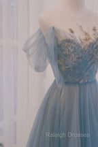 A Line Blue with Lace Applique Prom Dresses Long Blue Prom Dresseses