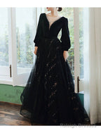 A-Line Bridesmaid Dress Jewel Neck Long Sleeve Elegant Floor Length Tulle / Velvet With Sequin / Bandage