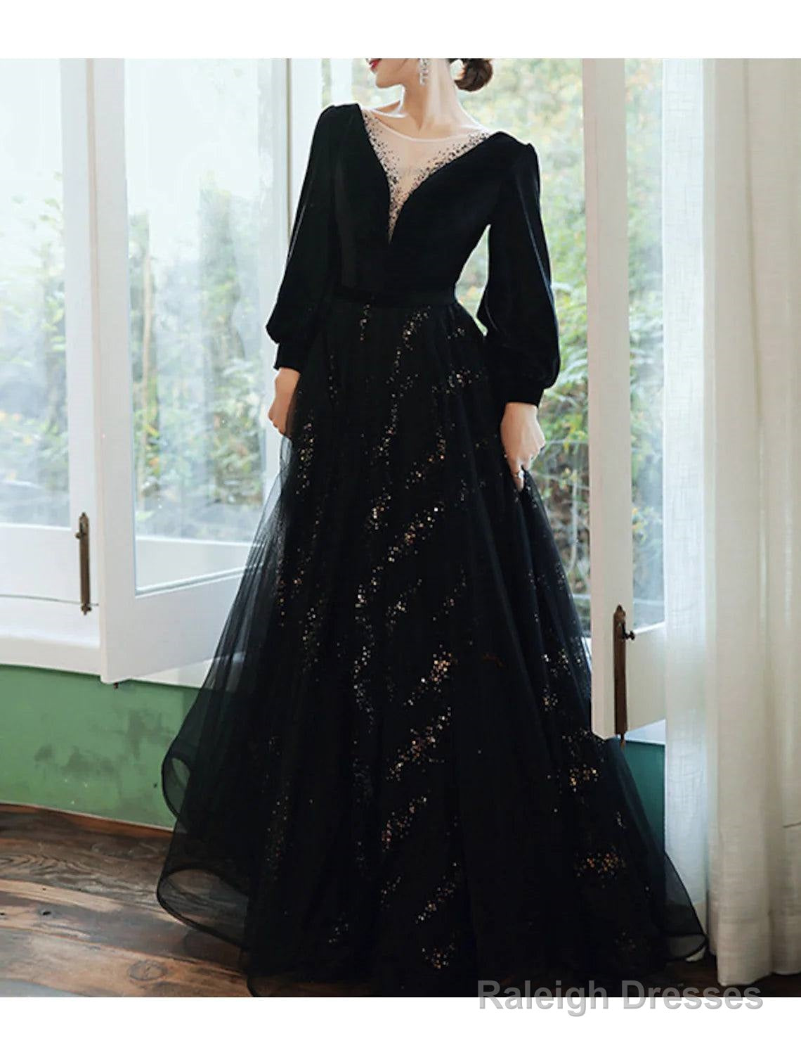 A-Line Bridesmaid Dress Jewel Neck Long Sleeve Elegant Floor Length Tulle / Velvet With Sequin / Bandage