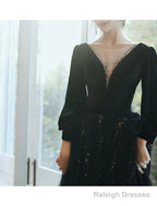 A-Line Bridesmaid Dress Jewel Neck Long Sleeve Elegant Floor Length Tulle / Velvet With Sequin / Bandage