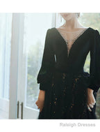 A-Line Bridesmaid Dresses Jewel Neck Long Sleeve Elegant Floor Length Tulle / Velvet With Sequin / Bandage