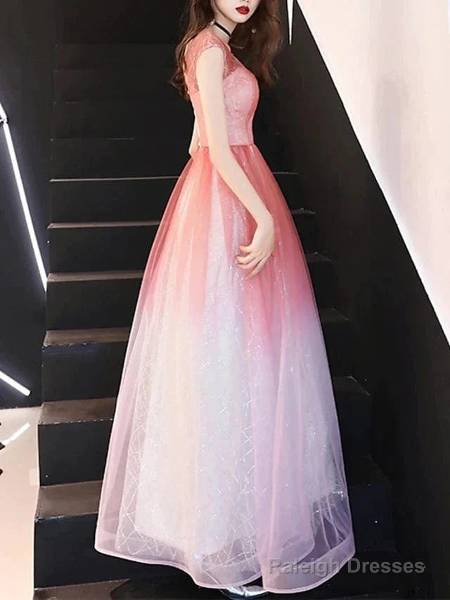 A-Line Bridesmaid Dresses Jewel Neck Short Sleeve Color Block Floor Length Tulle With Sequin Secondary image