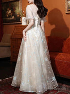 A-Line Bridesmaid Dresses Jewel Neck Short Sleeve Elegant Floor Length Lace / Tulle With Appliques