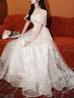 A-Line Bridesmaid Dresses Jewel Neck Short Sleeve Elegant Floor Length Lace / Tulle With Appliques