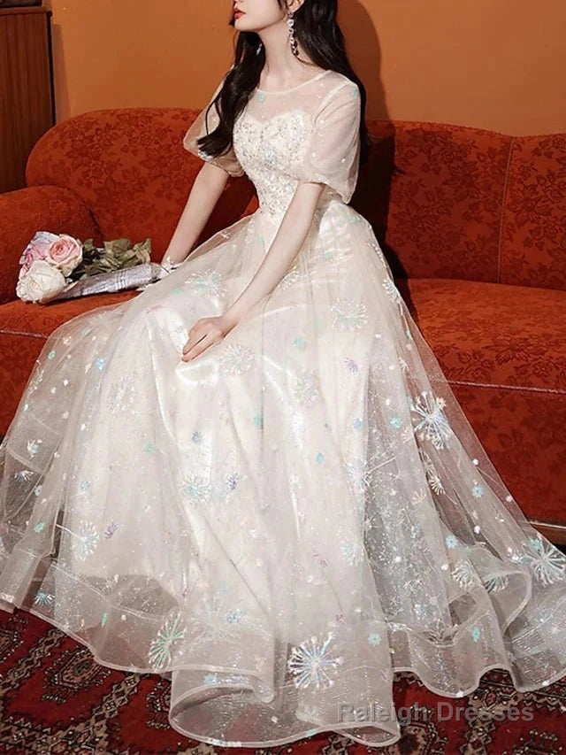 A-Line Bridesmaid Dresses Jewel Neck Short Sleeve Elegant Floor Length Lace / Tulle With Appliques