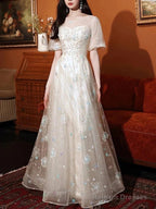 A-Line Bridesmaid Dresses Jewel Neck Short Sleeve Elegant Floor Length Lace / Tulle With Appliques