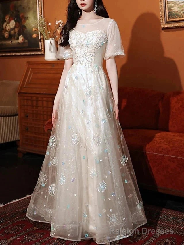 A-Line Bridesmaid Dresses Jewel Neck Short Sleeve Elegant Floor Length Lace / Tulle With Appliques