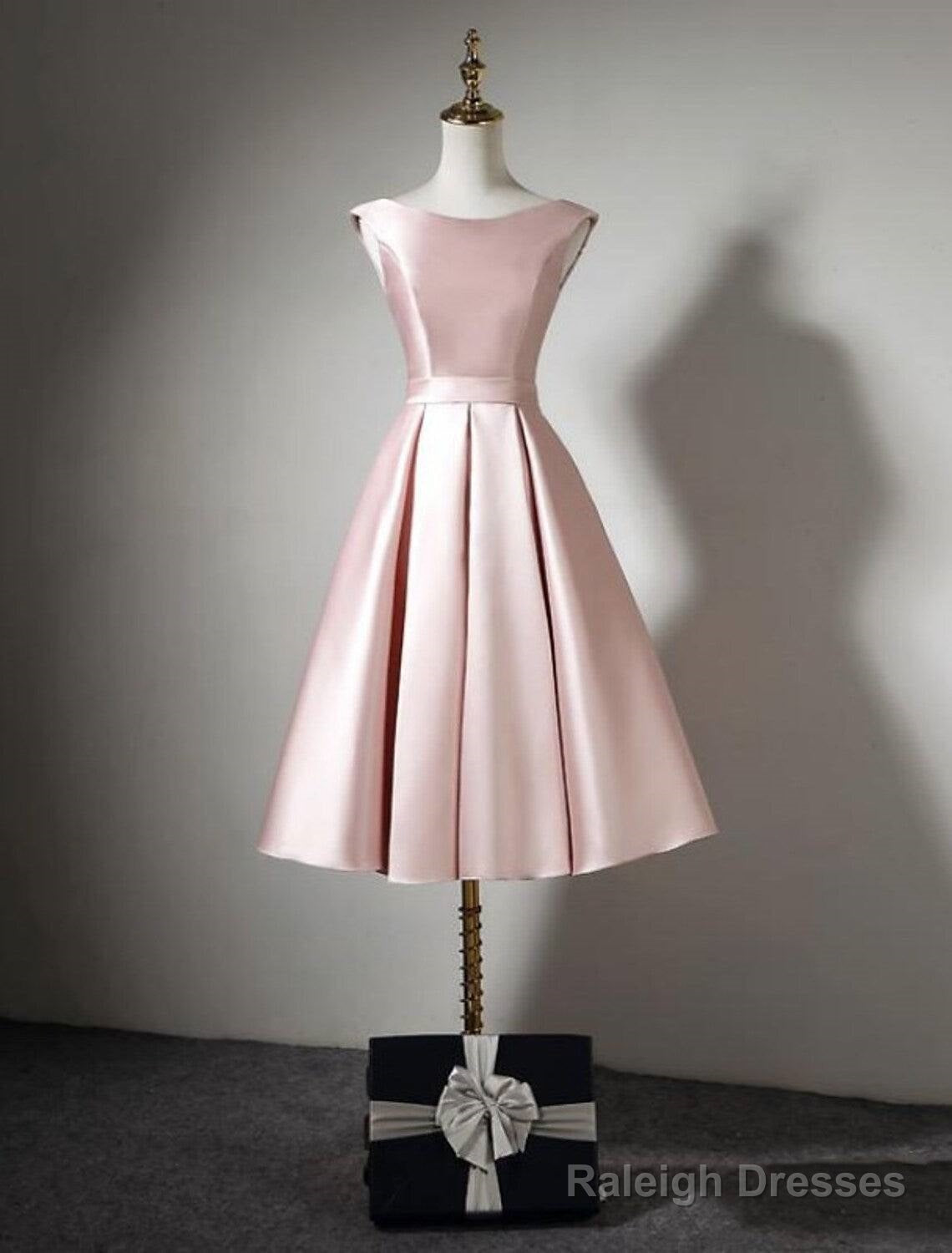 A-Line Bridesmaid Dresses Off Shoulder Sleeveless Elegant Tea Length Satin With Bow(S) / Pleats