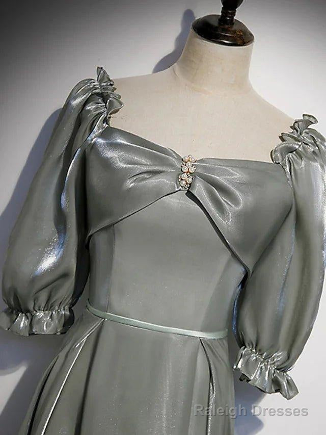 A-Line Bridesmaid Dresses Square Neck Half Sleeve Elegant Floor Length Satin With Bow(S) / Beading