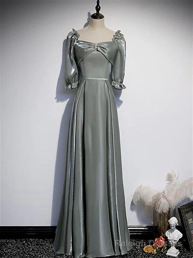 A-Line Bridesmaid Dresses Square Neck Half Sleeve Elegant Floor Length Satin With Bow(S) / Beading