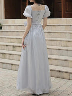 A-Line Bridesmaid Dress Square Neck Short Sleeve Elegant Ankle Length Organza With Bow(S)