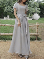 A-Line Bridesmaid Dresses Square Neck Short Sleeve Elegant Ankle Length Organza With Bow(S)